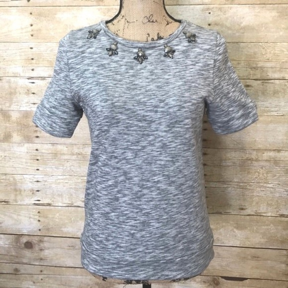 ANN TAYLOR 100% Cotton Gray Bling Jeweled Shirt Top M Medium MP